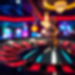 A close-up view of a traditional casino roulette wheel reflecting vibrant lights