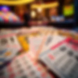 A close-up view of a variety of lottery tickets displayed on a table