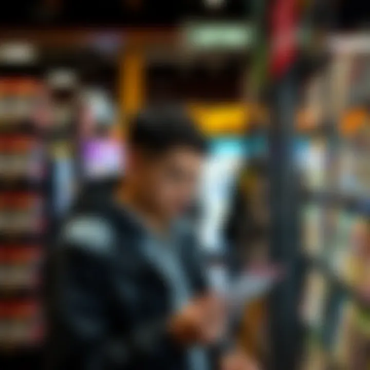 In-Store Lottery Ticket Exploration A person thoughtfully examining lottery ticket options in a store