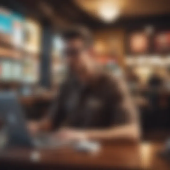 Person engaging in gig work with a laptop in a lively coffee shop