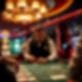 Professional dealer at a blackjack table in a vibrant casino atmosphere