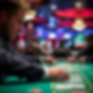 A strategic player engaged at a blackjack table, analyzing options