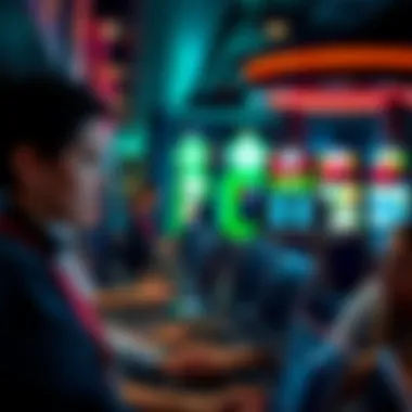 Close-up of employees engaged in customer service at a gaming establishment