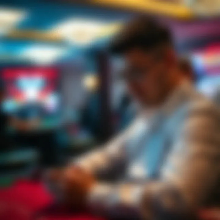 Focused Gambler Using Blackjack App A serene setting showcasing a gambler's focused engagement with a blackjack app
