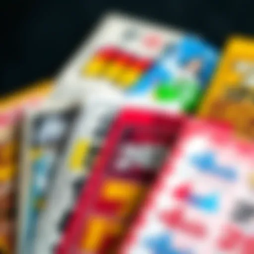 A close-up view of various scratch-off lottery tickets showcasing unique designs and colors