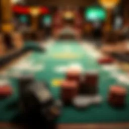 A detailed view of Texas Hold'em table setup with cards and chips