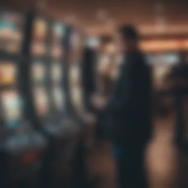 A buyer inspecting a used video poker machine in a retail setting