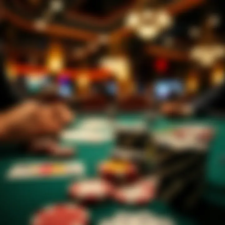 Close-up of poker chips and cards on a table during a game session
