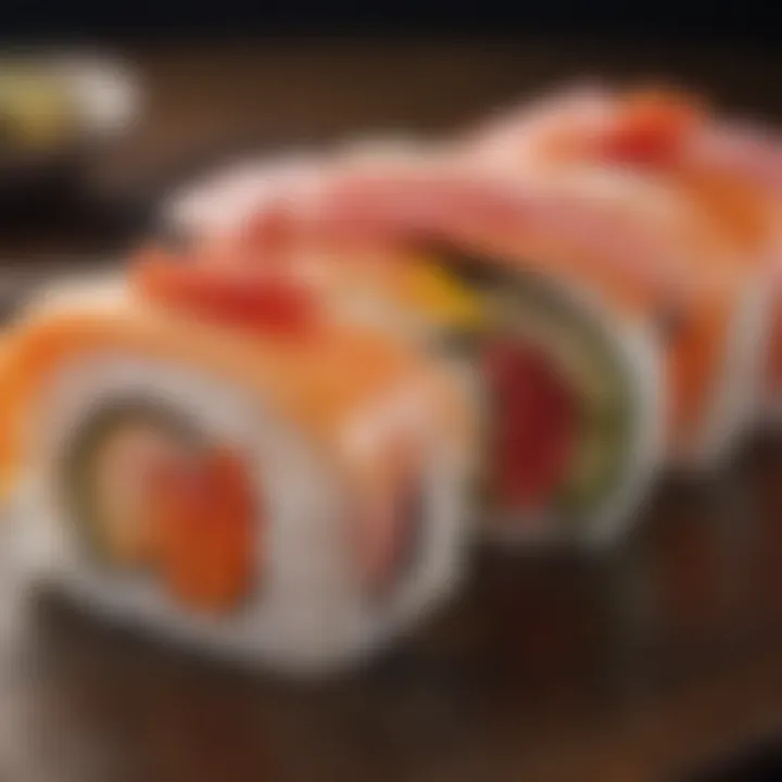 A close-up of delicately garnished sushi pieces highlighting craftsmanship.