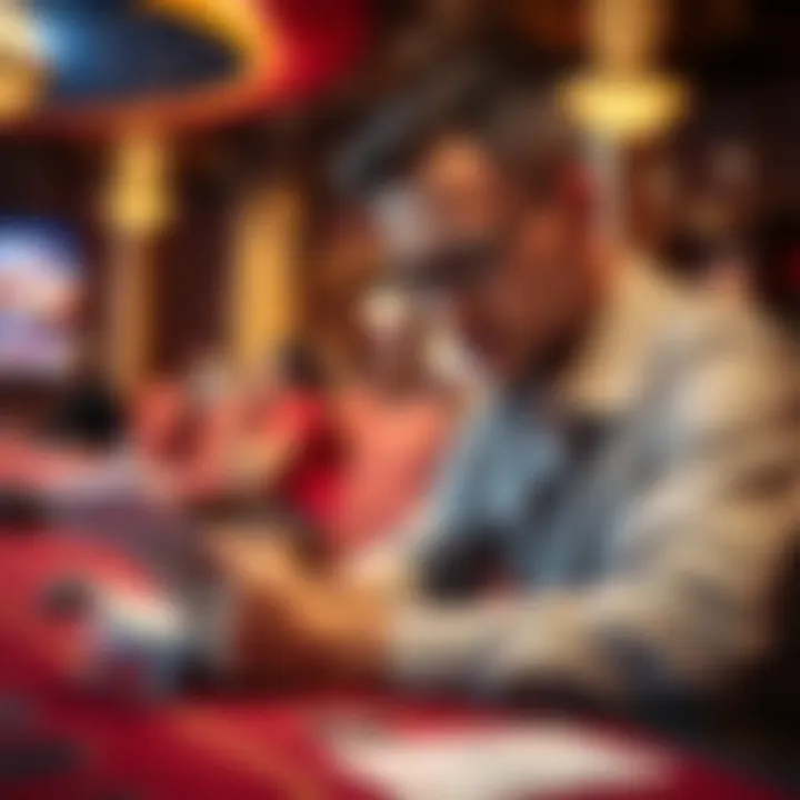 Strategic Gambler A gambler studying game strategies with a notepad and chips